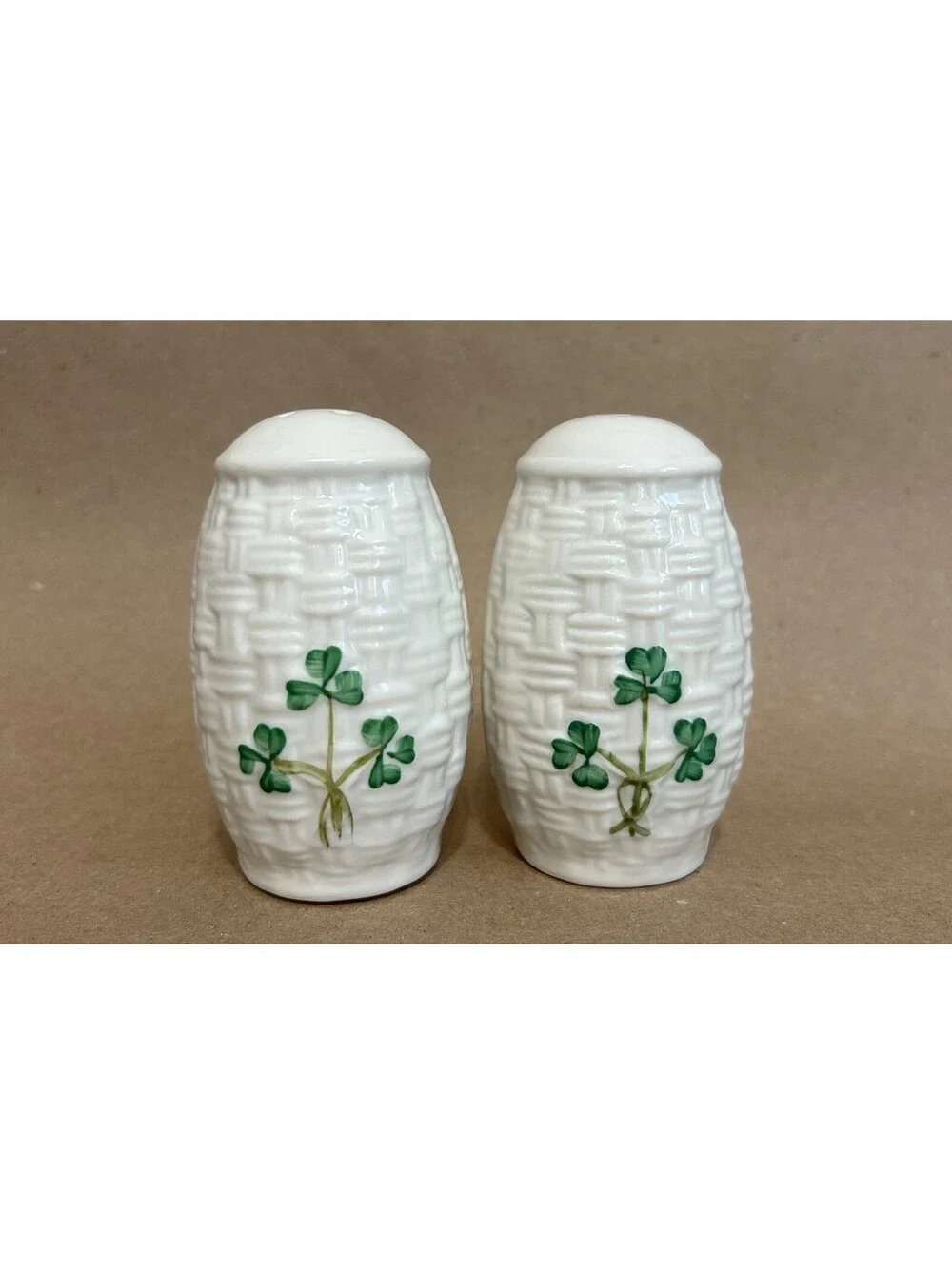 Belleek Ireland Vintage Porcelain Hand Painted Shamrock Salt & Pepper Shakers